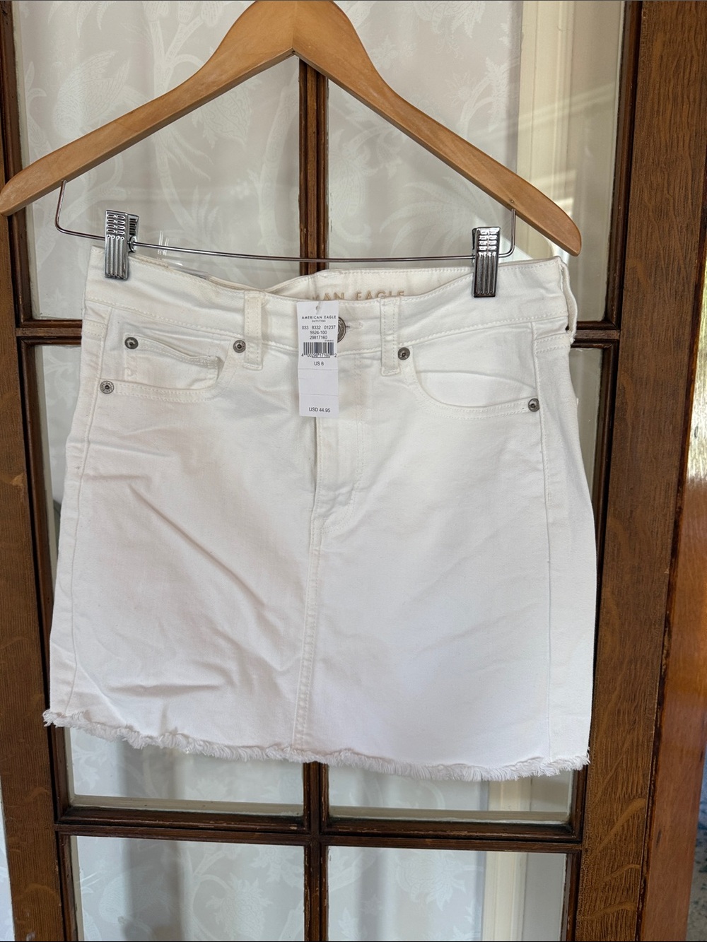 American Eagle Outfitters White Denim Mini Skirt with Frayed Hem